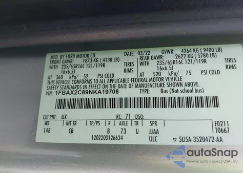 2022 Ford Transit-350 Passenger Van Xlt z USA, uszkodzony, nr VIN 1FBAX2C89NKA19708